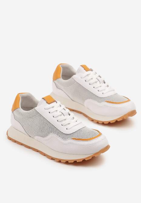 Białe Sneakersy Skórzane Ozdobione Geometrycznym Motywem Wibessa