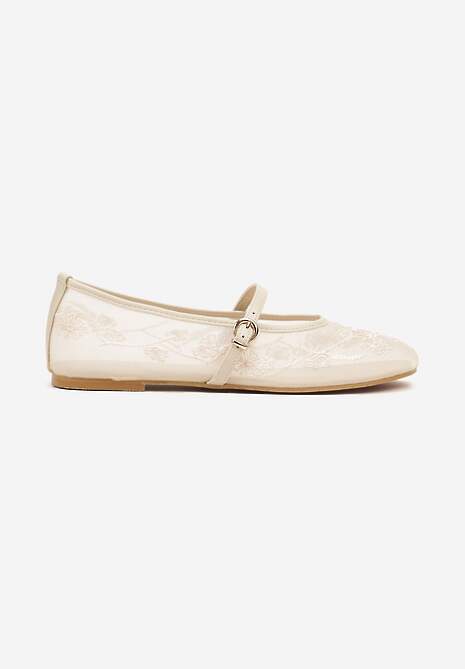 Beżowe Koronkowe Balerinki w Stylu Mary Jane z Haftowanej Siateczki Tilaverra