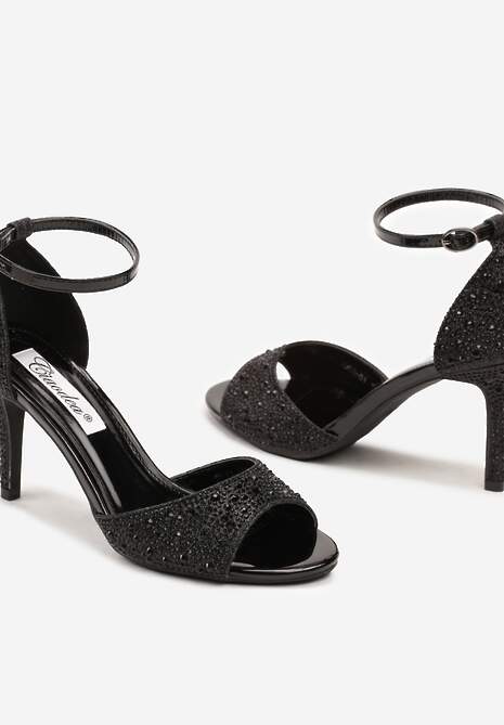 Czarne Sandały na Szpilce Ozdobione Cyrkoniami Nialuna