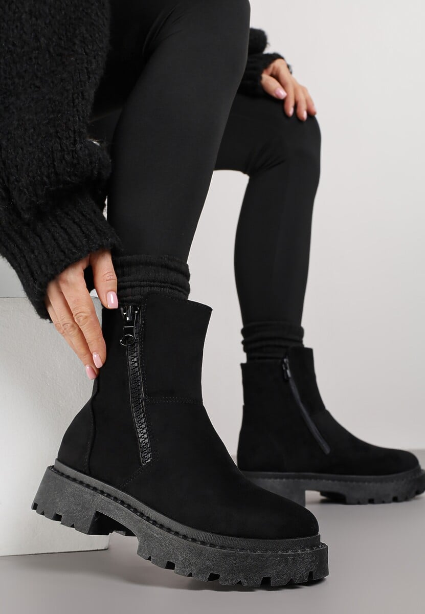 Czarne Botki z Ekozamszu na Platformie z Ozdobnym Suwakiem z Boku Tarienne