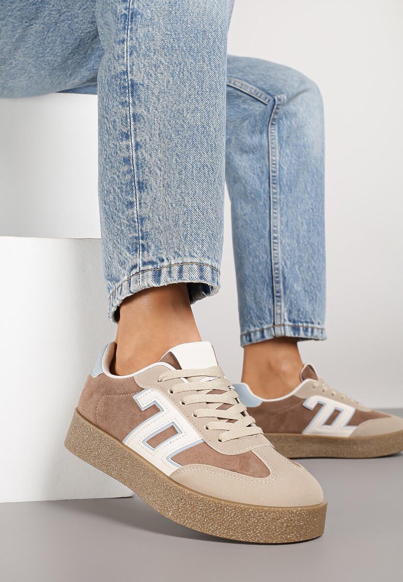 Brązowo-Beżowe Sneakersy Ozdobione Geometrycznym Motywem Lanelise