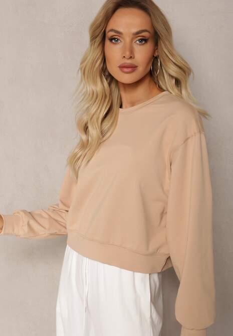Beżowa Oversize Bluza z Bawełny o Krótkim Fasonie Sibolla