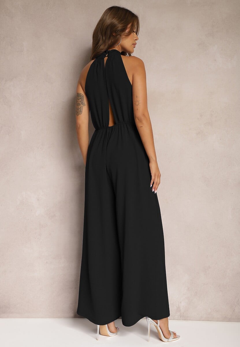 Czarny Taliowany Kombinezon ze Ściągaczem w Talii i Wiązaniem przy Szyi Rivasiris