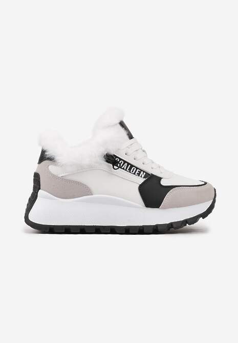 Białe Sneakersy na Platformie z Napisem Sznurowaniem i Futerkiem Vazina