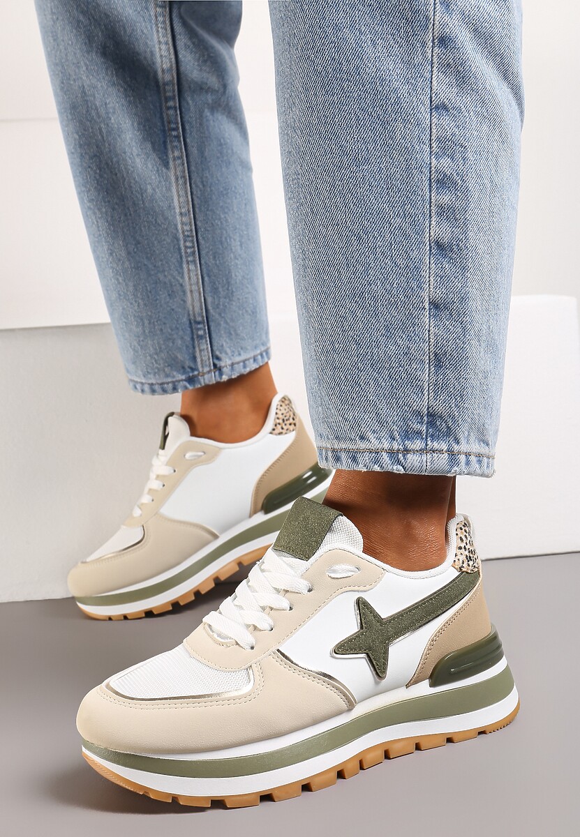 Beżowo-Zielone Sneakersy na Niskiej Platformie z Ozdobnymi Wstawkami na Cholewce Suno