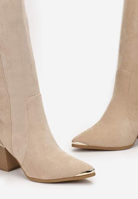 Beżowe Kozaki Kowbojki przed Kolano z Metalicznym Noskiem Caspianna