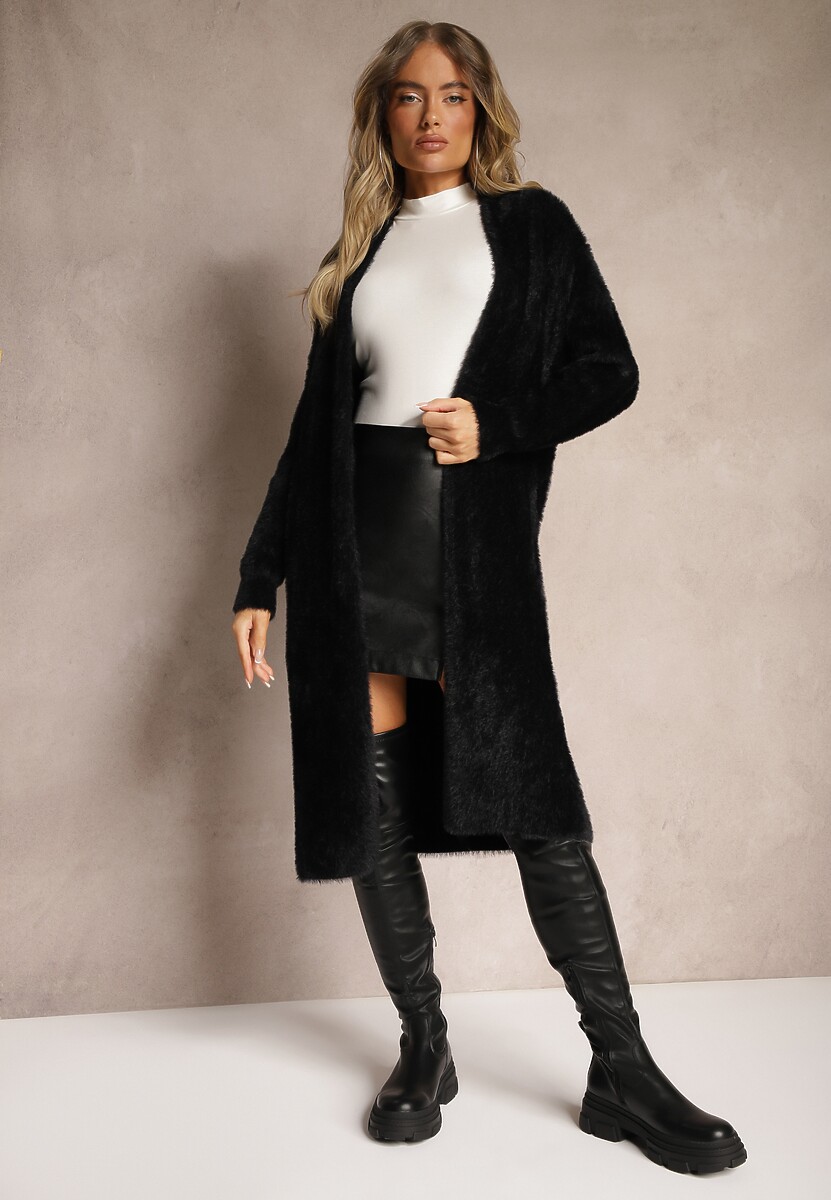 Czarny Długi Kardigan Puchaty z Dodatkiem Wełny Mevasine