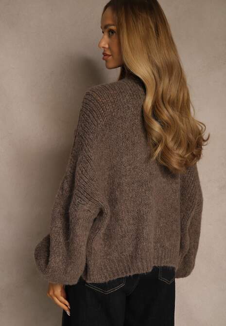 Jasnobrązowy Kardigan z Wełną o Kroju Oversize z Wiązanymi Kokardami Elearina