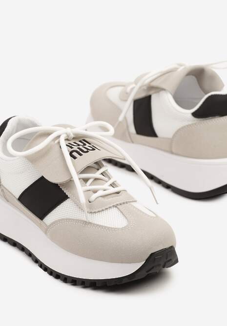 Beżowo-Czarne Sneakersy na Platformie z Geometrycznym Wzorem Aluina