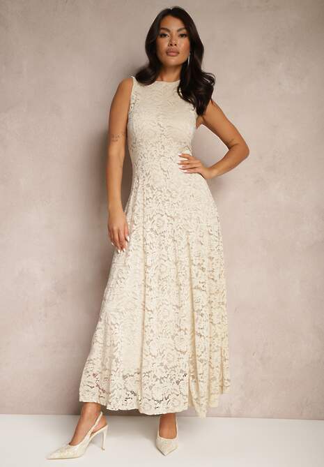 Beżowa Koronkowa Sukienka Taliowana Wilreti