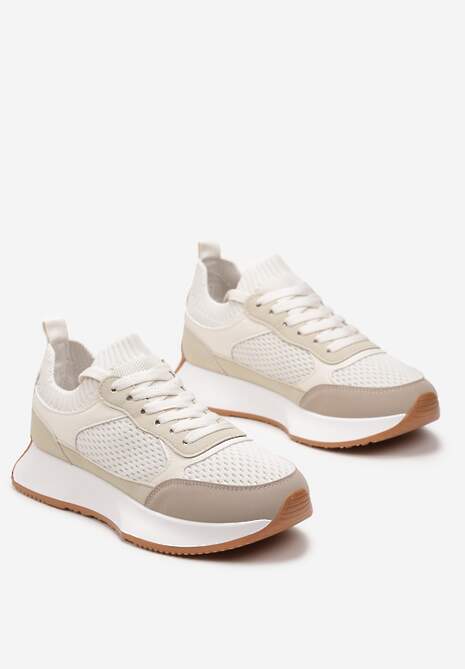 Beżowe Sneakersy ze Skarpetkową Cholewką i Ozdobnym Sznurowaniem na Grubej Podeszwie Pirtia