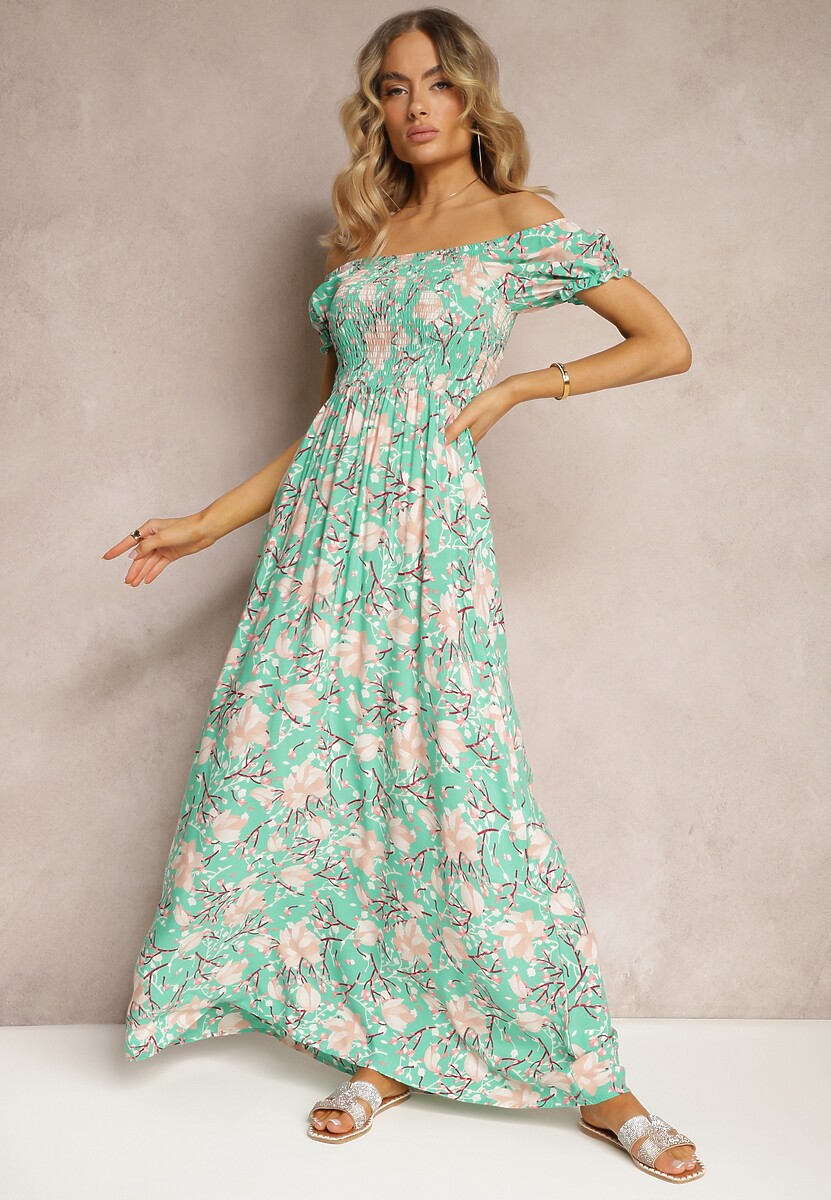 Czarno-Biała Kwiecista Sukienka o Rozkloszowanym Kroju z Marszczoną Górą Eliseria