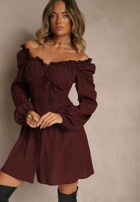 Brązowa Gorsetowa Sukienka Hiszpanka Vices z Guzikami i Bufiastymi Rękawami Resena