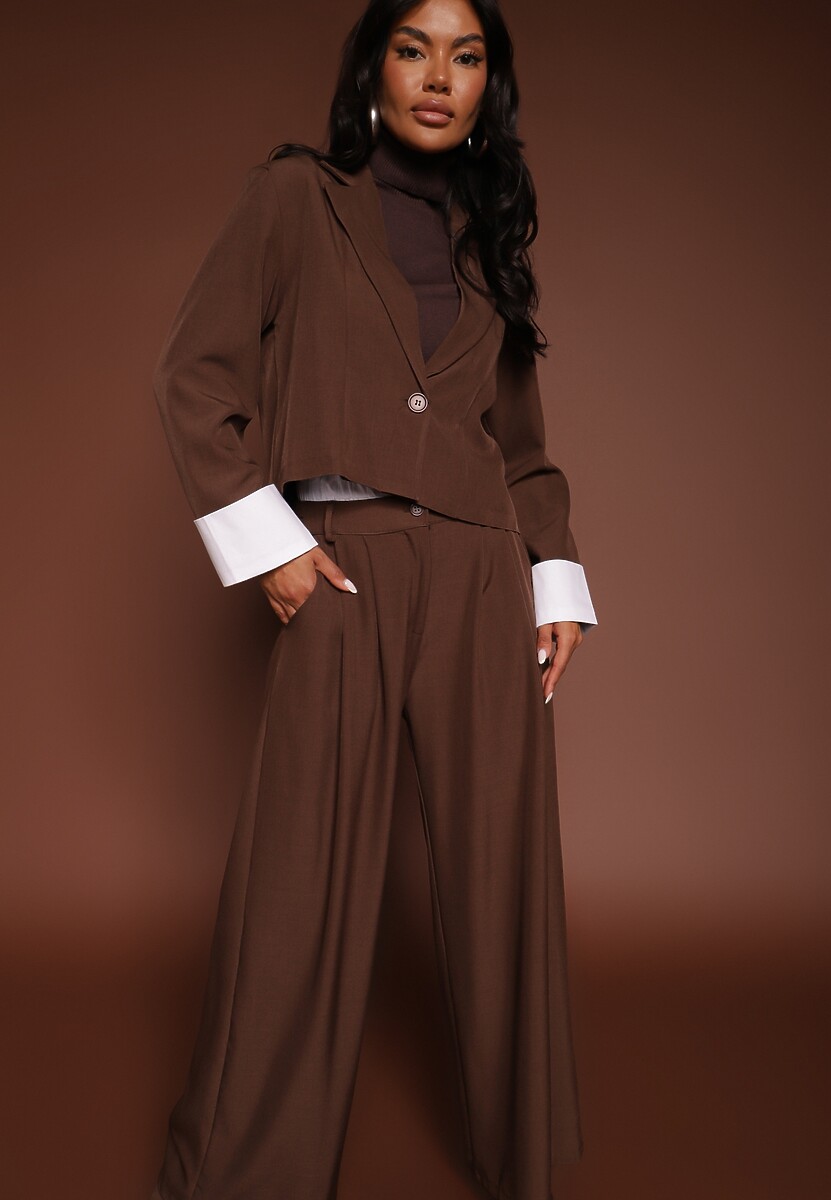 Ciemnobrązowy Garniturowy Komplet Marynarka i Spodnie z Kontrastującymi Zdobieniami Davirielle