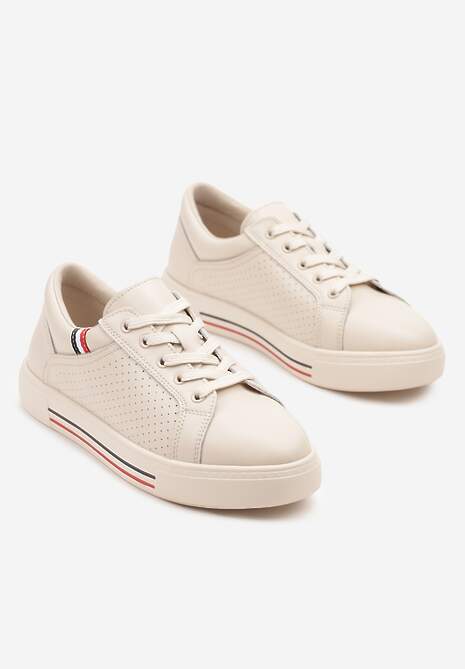 Beżowe Sneakersy Tenisówki ze Skóry Naturalnej Zdobione Perforacją Tillirene