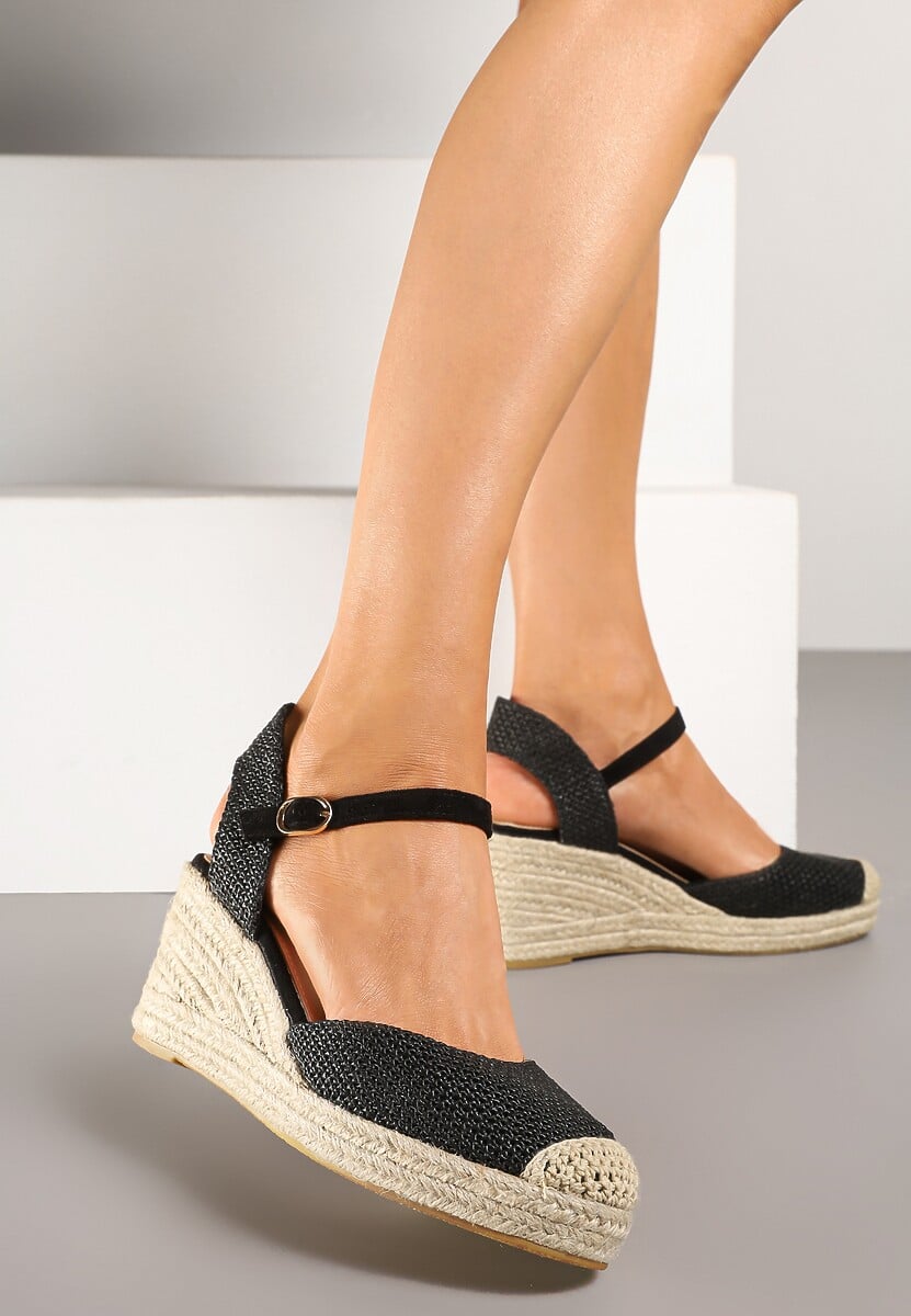 Czarne Sandały Typu Espadryle na Koturnie z Plecionki Renaelle