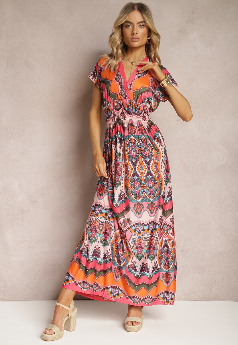 Pomarańczowa Długa Sukienka z Kopertowym Dekoltem i Wzorem Etno z Wiskozy Algrisa