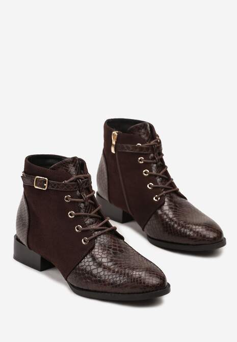 Brązowe Botki Vices ze Wstawkami Imitującymi Skórę Węża i Sprzączką Gelrina