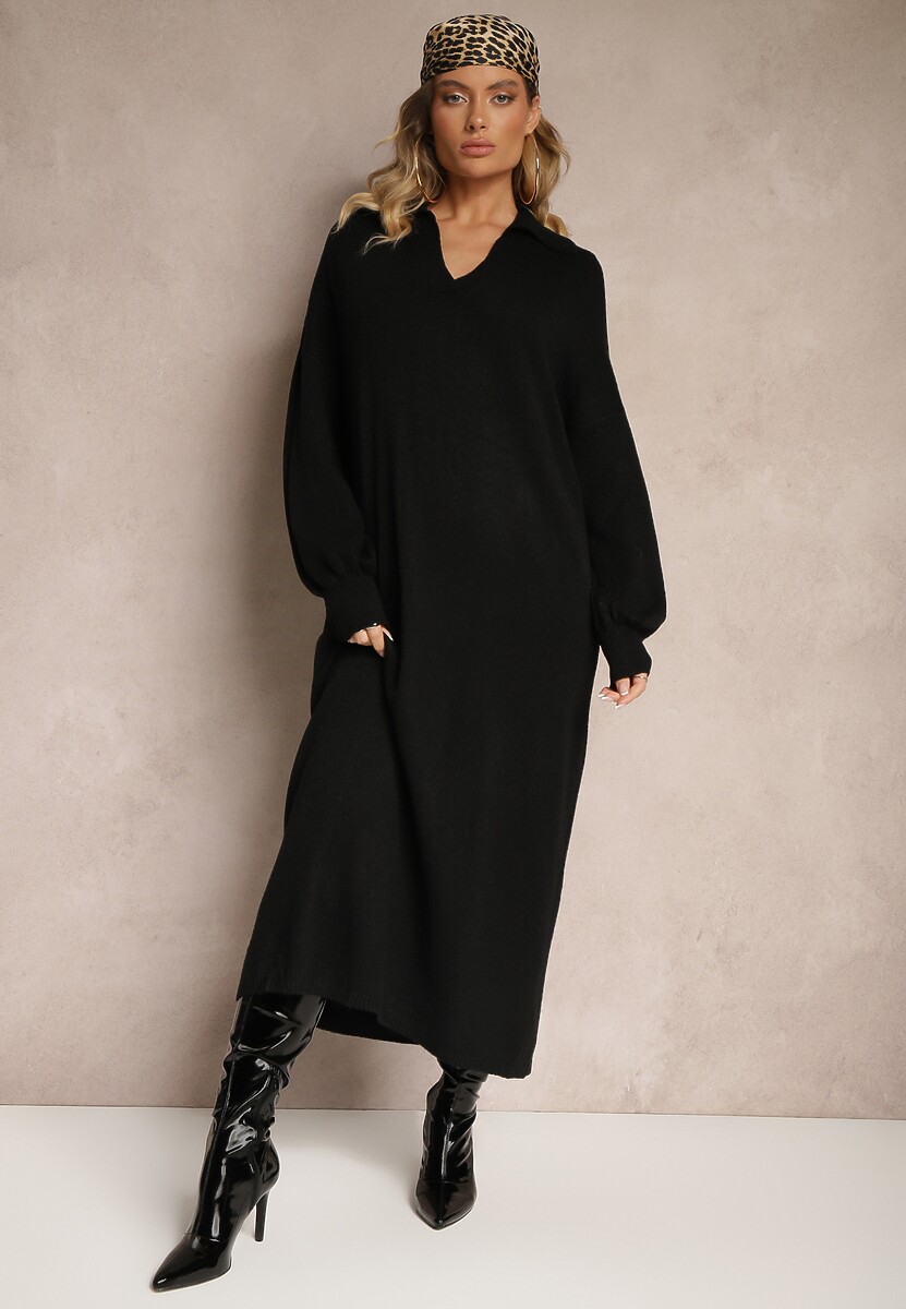 Beżowa Sweterkowa Sukienka z Wiskozą o Pudełkowym Kroju Ozdobiona Kołnierzykiem Clarinnae