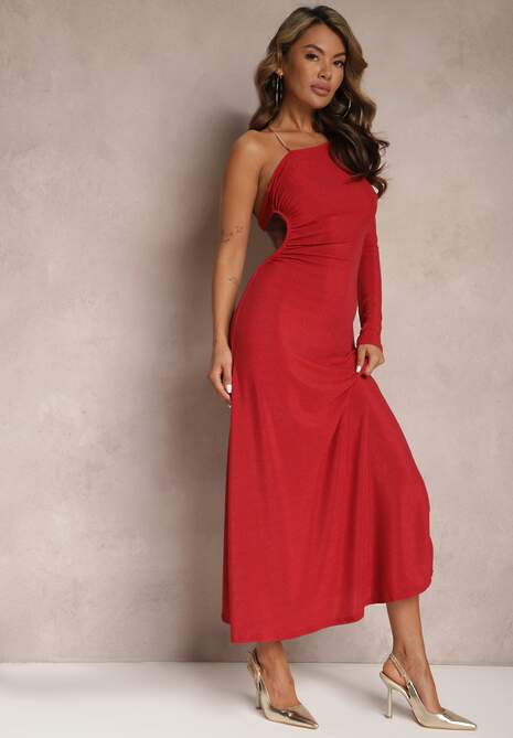 Czerwona Asymetryczna Sukienka Maxi na Jedno Ramię z Ozdobnym Łańcuszkiem Ombrelle
