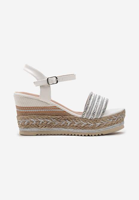 Białe Sandały na Koturnie i Platformie z Błyszczącą Plecionką z Cyrkoniami Kilimana