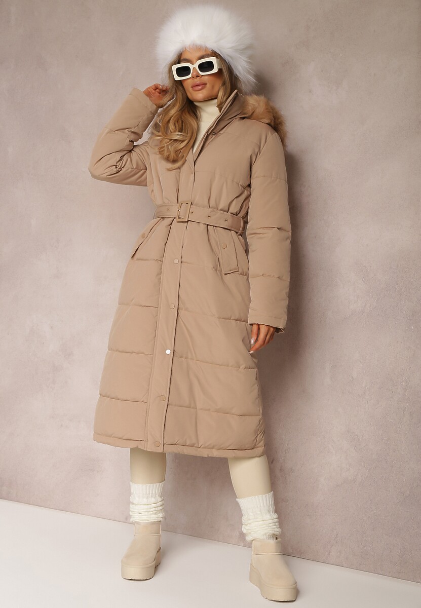 Beżowa Kurtka Długa z Paskiem i Kapturem Pikowana Nilme