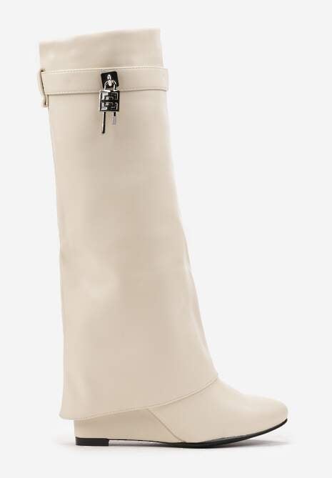 Beżowe Kozaki z Cholewką Imitującą Nogawkę i Koturnem Ericelle