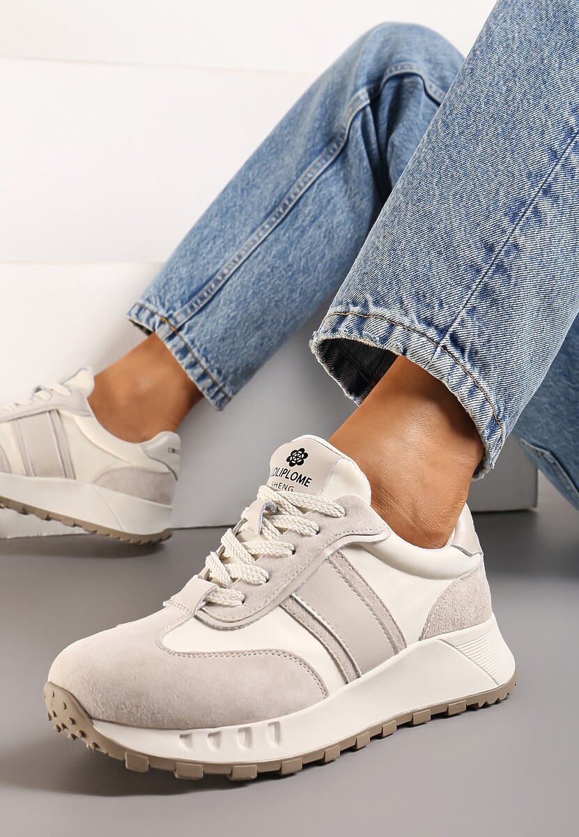 Beżowe Klasyczne Sneakersy ze Skóry Naturalnej Goteria