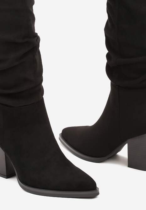 Czarne Ekozamszowe Kozaki na Słupkowym Obcasie z Ozdobnie Marszczoną Cholewką Reaelora