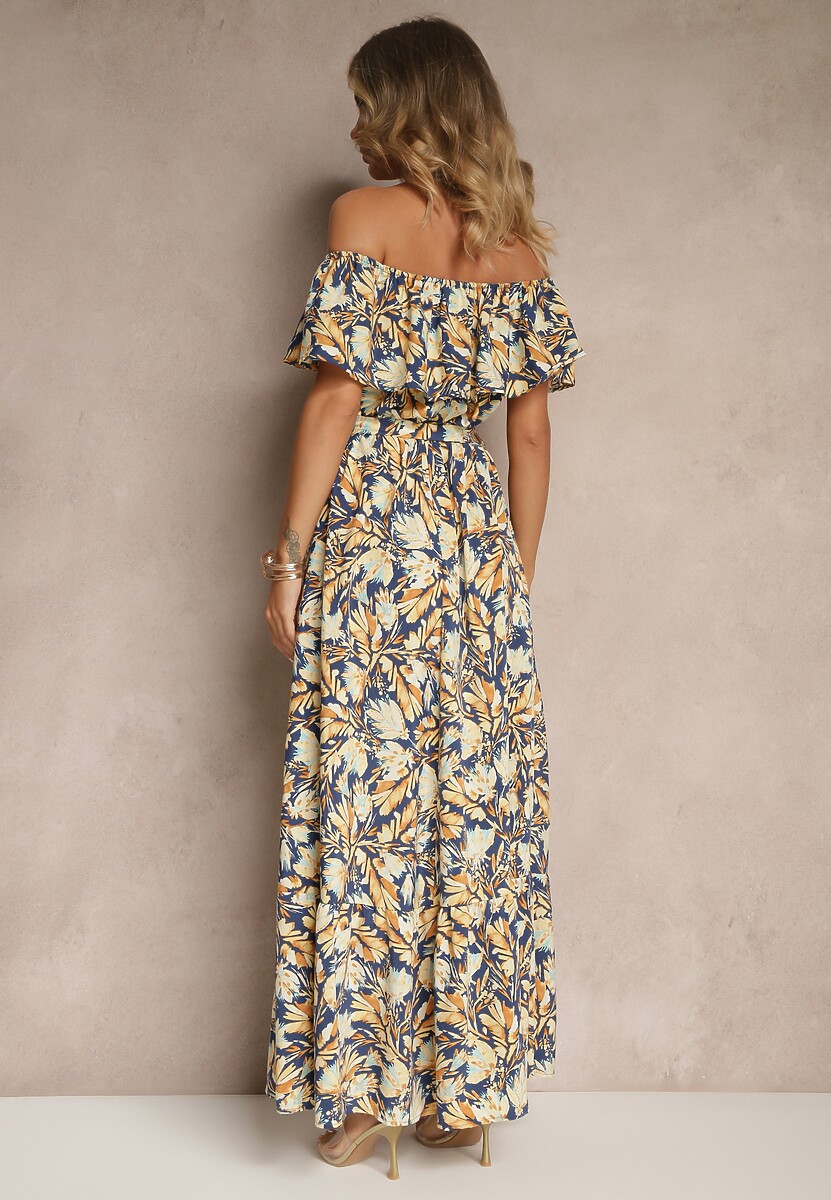 Granatowa Kwiatowa Sukienka Typu Hiszpanka z Bawełną Tiarice