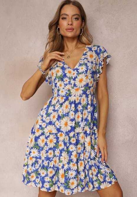 Niebieska Taliowana Sukienka Mini w Kwiaty z Gumką w Talii Teziovi