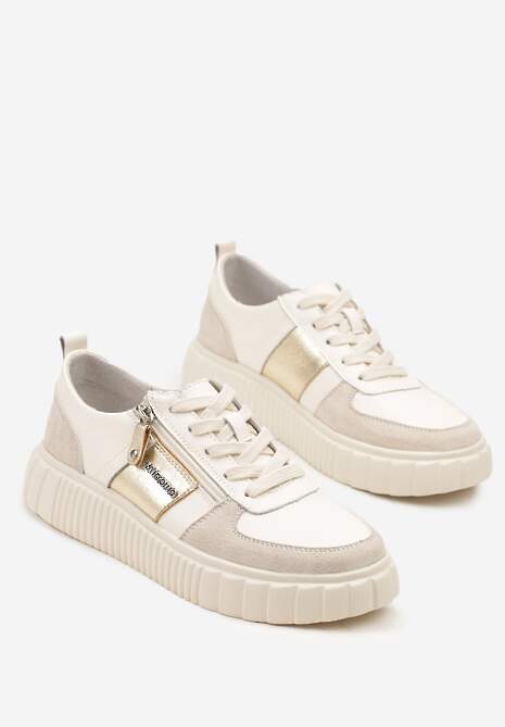 Beżowe Sneakersy ze Skóry Naturalnej z Metalicznym Zdobieniem Zorentee
