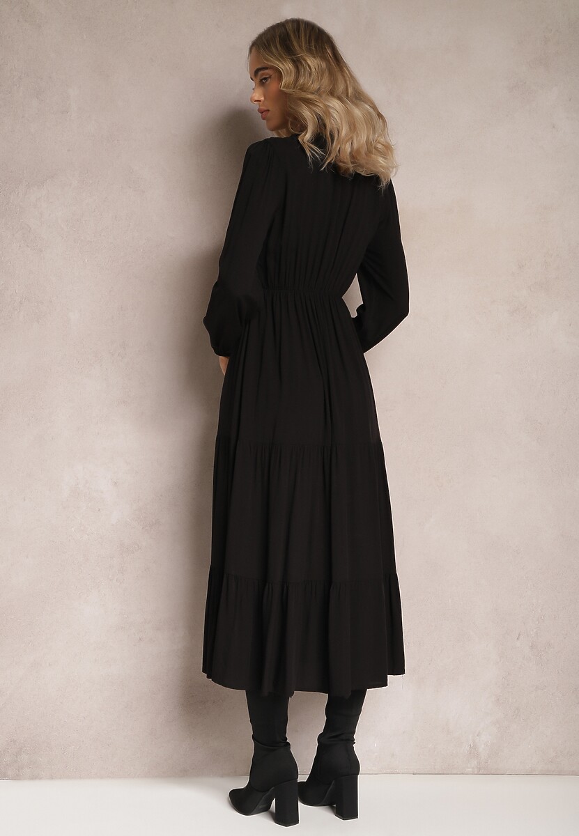 Czarna Sukienka Rozkloszowana z Falbanką i Koronką Kiaya