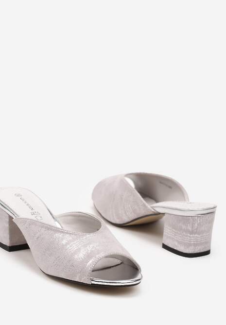 Szare Eleganckie Klapki na Słupku Wykończone Brokatem i Skórzaną Wkładką Zonemia