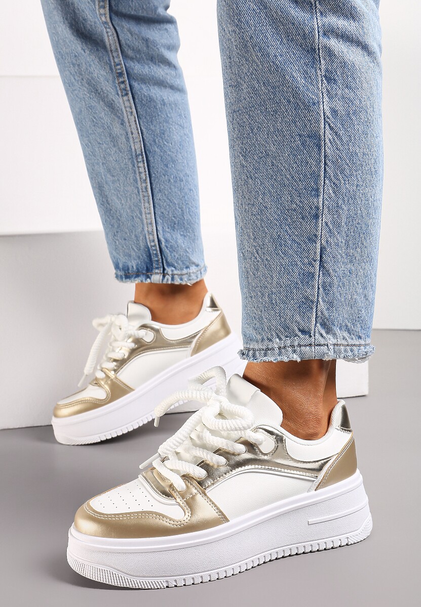 Biało-Złote Sneakersy z Cholewką z Licznymi Wstawkami na Grubej Podeszwie Lenarise