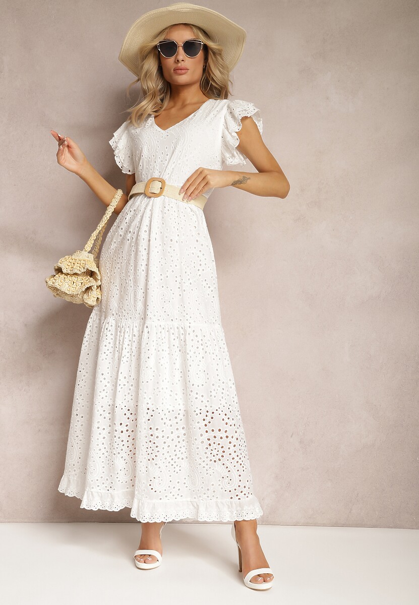 Biała Rozkloszowana Sukienka Bawełniana Maxi z Ażurowym Haftem i Falbankami Reflecia