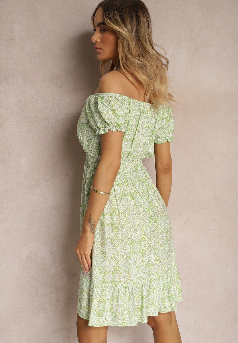 Jasnozielona Hiszpanka Sukienka Wiskozowa z Materiałowym Paskiem i Gumką w Pasie z Falbanką Tiamarosa