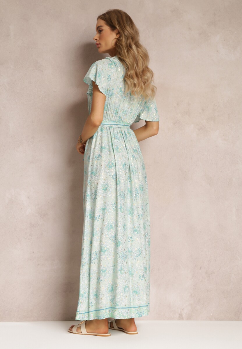 Miętowa Wiskozowa Sukienka z Metalicznym Wzorem i Gumką w Pasie Carinalia