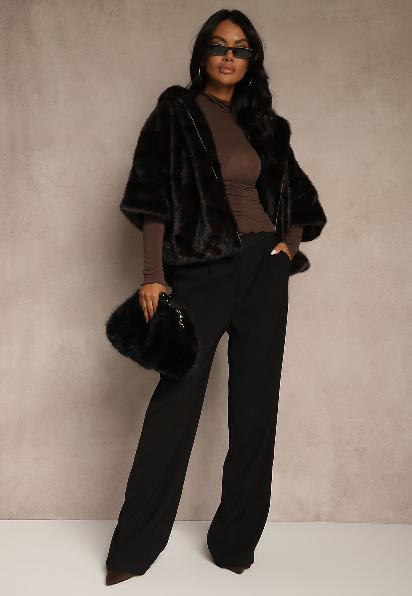 Czarna Kurtka Futrzana o Kroju Oversize z Kapturem i Rękawami 3/4 Titene