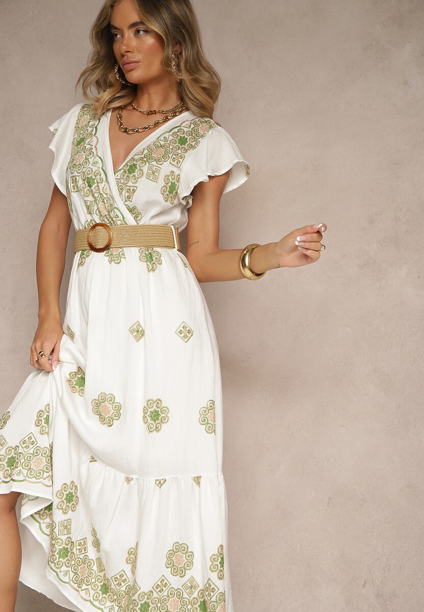 Biało-Zielona Sukienka z Wiskozy Ozdobiona Paskiem i Haftem Nilorelle