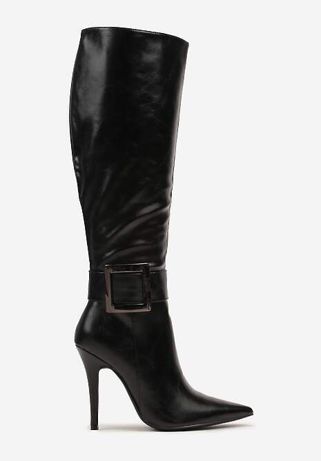 Czarne Kozaki na Szpilce z Metaliczną Klamrą Evelinna