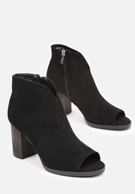Czarne Botki Peep Toe na Słupku Zdobione Drobnymi Wycięciami Sallely