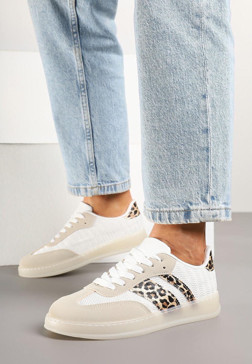 Beżowo-Panterkowe Klasyczne Sneakersy Tenisówki na Półprzezroczystej Podeszwie Niniel