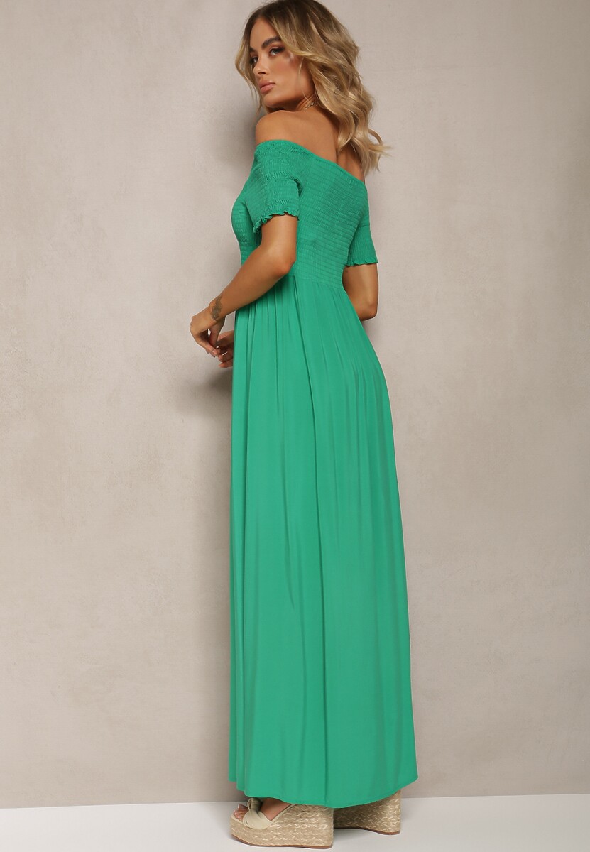 Zielona Sukienka Bawełniana z Rozkloszowanym Dołem i Hiszpańskim Dekoltem Barino