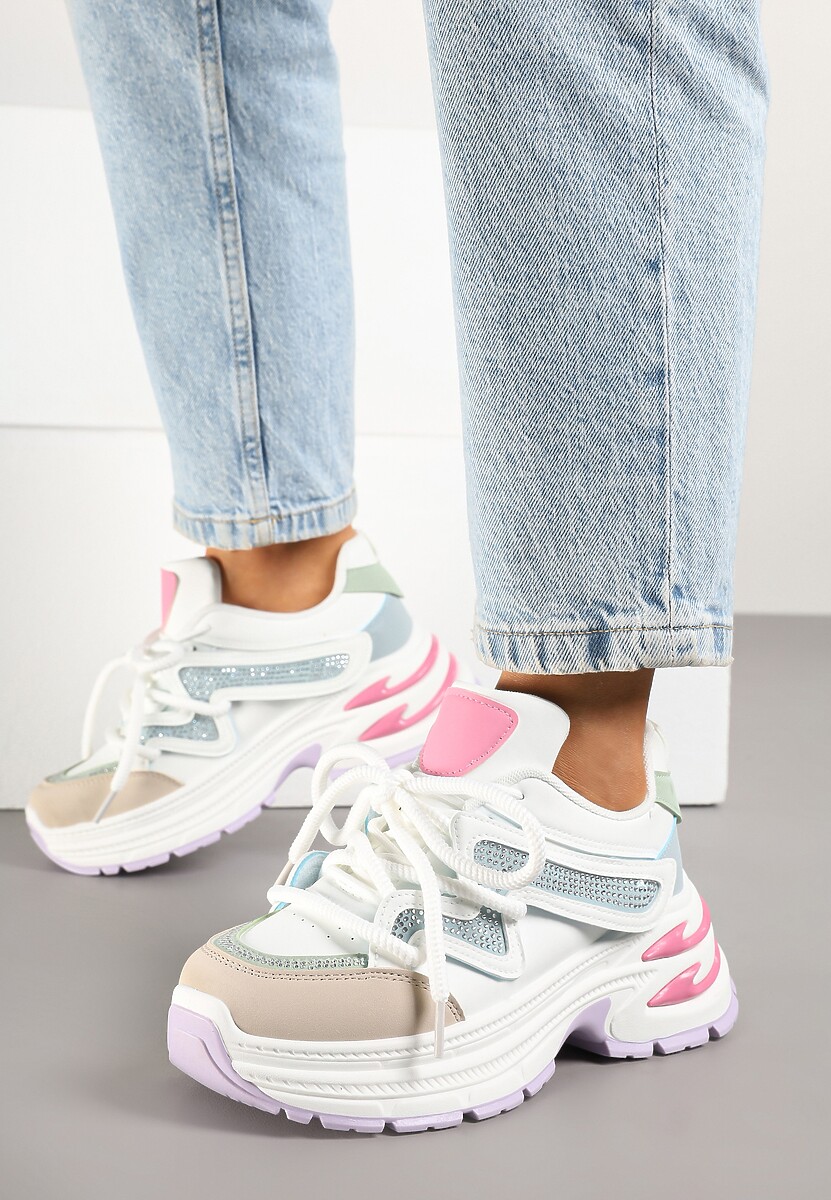 Biało-Różowe Sneakersy na Platformie z Grubymi Sznurówkami Kilanne