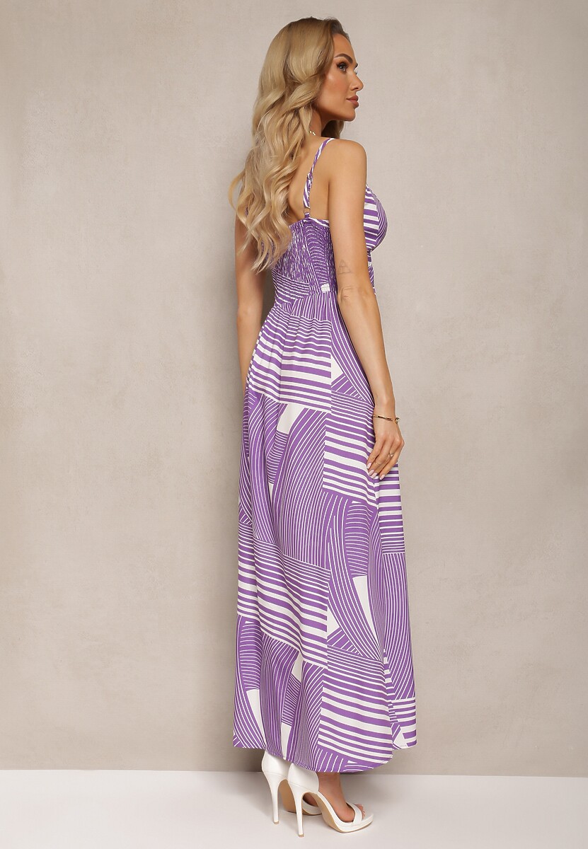 Fioletowa Sukienka z Regulowanymi Ramiączkami z Gumkami z Tyłu i Rozcięciami Fatoria