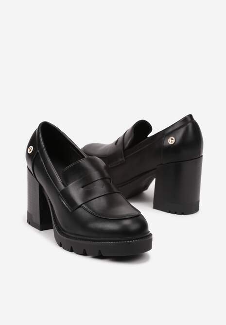 Czarne Półbuty na Platformie z Tłoczeniem i Słupku z Metaliczną Aplikacją Ravalisse