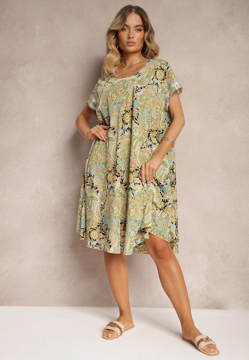 Żółta Sukienka Boho z Wiskozy z Cienkim Paskiem w Talii Rivasea