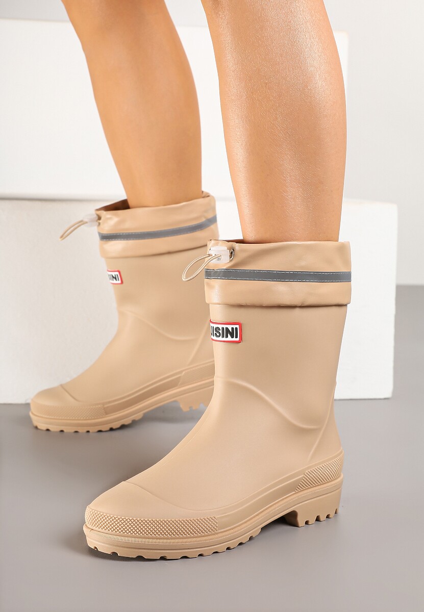 Ciemnobeżowe Kalosze ze Ściąganą Cholewką i Napisem Fenarale