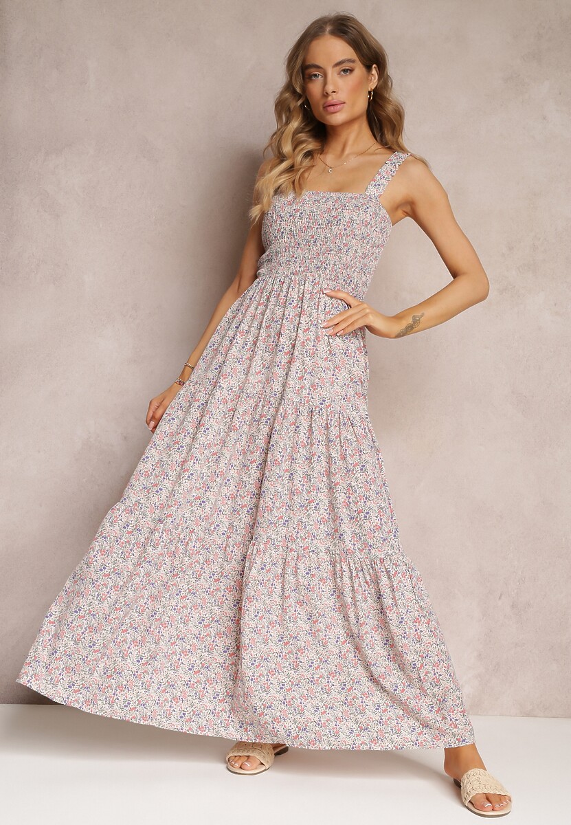 Jasnobeżowa Rozkloszowana Sukienka w Kwiaty na Ramiączkach Malaisia